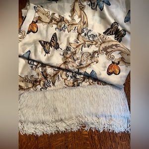 Vintage butterfly print silky scarf with fringe, boho chic